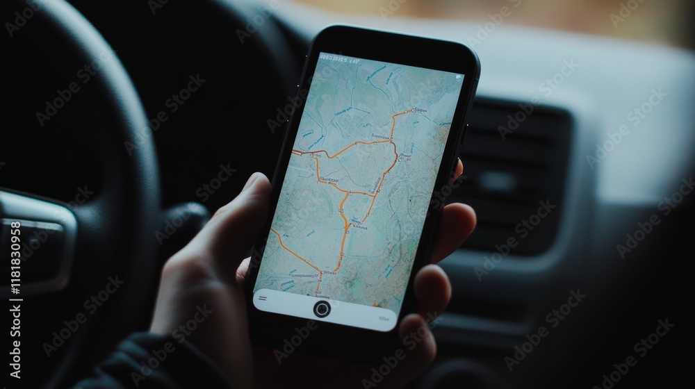 Poster Hand holding smartphone featuring a gps navigation app, displaying a detailed map with a highlighted route, offering real time driving directions inside a vehicle