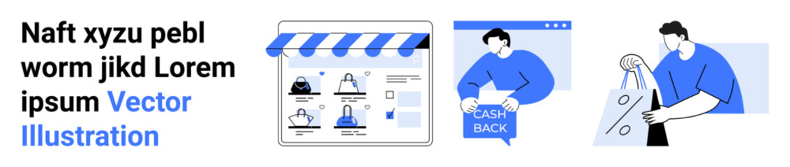 Shopfront webpage with e-commerce icons, person receiving cashback on website, individual holding shopping bags. Ideal for online retail, web interfaces, digital marketing, customer rewards, mobile