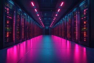 Neon-lit server room with rows of racks.