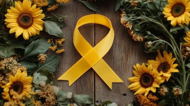Yellow Ribbon Surrounded By Sunflowers And Foliage