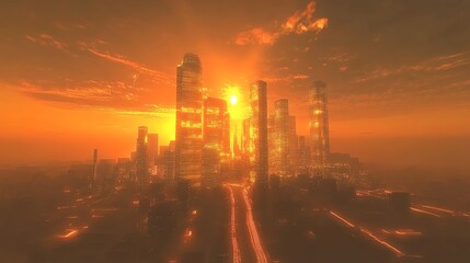 Fototapeta premium Golden Hour Urban Skyline with Dramatic Sunlight and Clouds