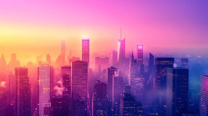 Vibrant Sunset Over a City Skyline with Colorful Clouds and Fog