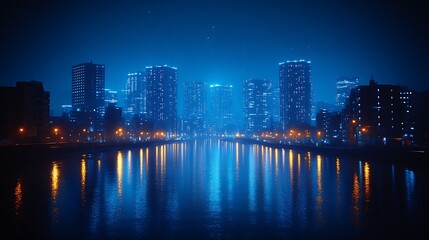 Fototapeta premium Night cityscape reflected in calm water.