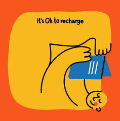 Mental health, psychology concept. Self love, mind care, help, acceptance. It's Ok to recharge. Cute disproportionate isolated character inscribed in a bottle, vector illustration