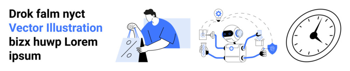 Man cutting fabric with scissors, robot working with interconnected tools, and clock depicting time. Ideal for technology, efficiency, automation, work, productivity, precision and scheduling
