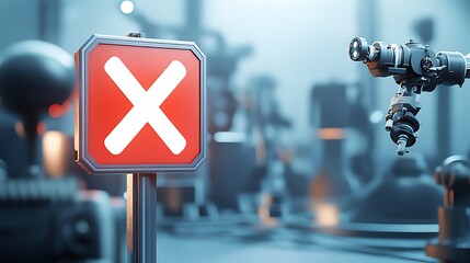 Red X sign in front of robotic arm and lab equipment.
