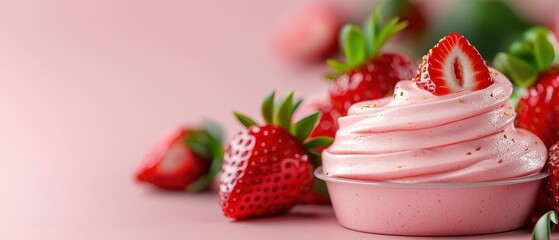 Creamy Strawberry Dessert in Bowl with Fresh Fruits Surrounding