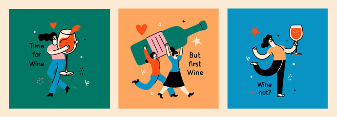 Groovy hand drawn cards with wine bottle and wine glass illustrations with funny quotes . Art for greeting cards, wedding invitations, poster design, postcards, branding, logo design, background.