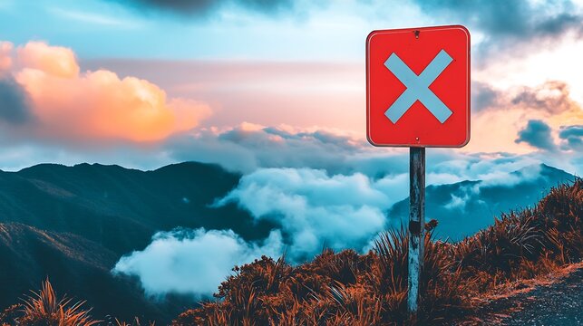 Red X sign on mountaintop at sunset.