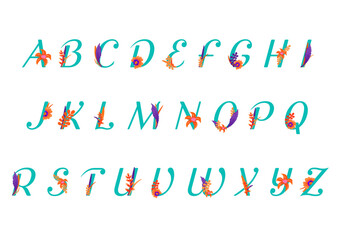 Alphabet, lettres monogramme avec des fleurs style hawaïennes couleurs tropicales