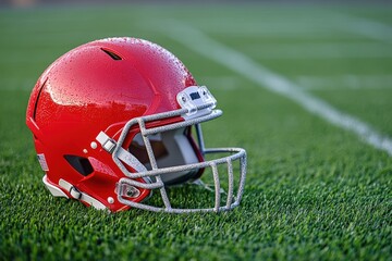 A football helmet resting on artificial turf.