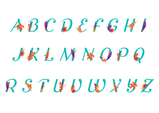 Alphabet, lettres monogramme avec des fleurs style hawa&iuml;ennes couleurs tropicales
