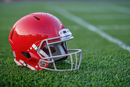 A football helmet resting on artificial turf. - Powered by Adobe