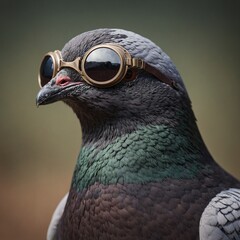A pigeon wearing aviator goggles, clean surface.