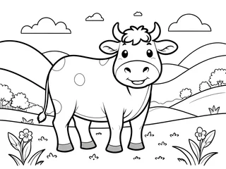 Naadloos Fotobehang Airtex Adorable Cow in a Picturesque Meadow: A Delightful Coloring Page Featuring a Happy Cow Amidst Rolling Hills, Flowers, and Clouds. © SetCartoon