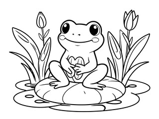 Adorable Frog on Lily Pad Coloring Page: A Delightful Illustration of Amphibian in Nature