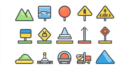 Road icons, highway to city, forest and mountains, way and traffic route, vector icons. Road signs of travel, tourism and highway construction service, transport pathway drive and cityscape