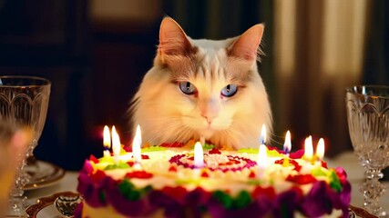 Fluffy white Ragdoll cat gazing intently at birthday cake glowing with lit candles, capturing sweet moment of festive celebration and feline curiosity - Powered by Adobe