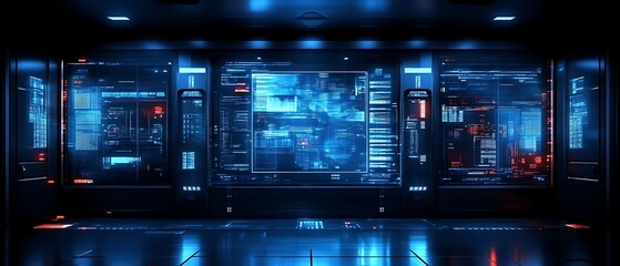 Futuristic control room with digital displays.