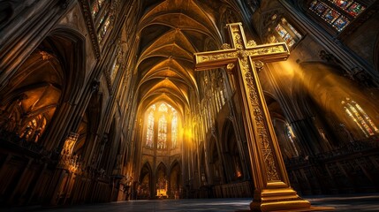 Radiant Golden Cross Adorned with Intricate Details Illuminated by Soft Light in a Grand Gothic Cathedral Setting