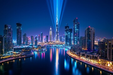 Fototapeta premium Stunning High-Rise Skyline at Night Showcasing Bright Illuminating Beams of Light Reflecting Off Water in a Vibrant Urban Landscape