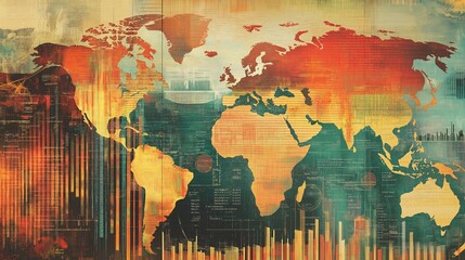 Obraz premium Abstract visualization of global data and analytics represented through artistic world map with warm tones and creative design.