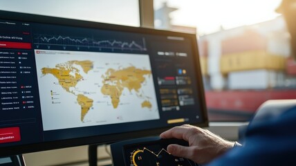 cargo management delivery optimization concept. A person analyzing global data on a digital screen in a logistics environment.