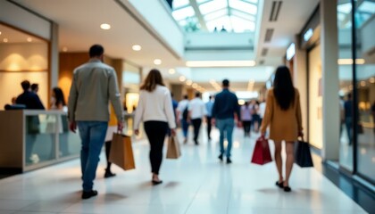 Shoppers walking in mall, blurred people, shopping bags, retail scene,