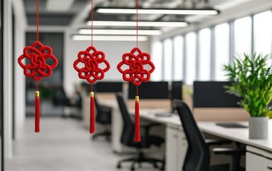 Chinese New Year decoration concept. Red decorative ornaments hang in a modern office space, providing a festive touch amidst sleek workstations and greenery.