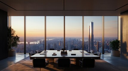 A spacious office boardroom featuring a panoramic city view through floor-to-ceiling windows