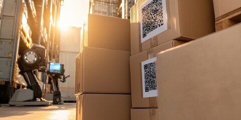 Fototapeta premium cargo management delivery optimization concept. Boxes stacked in a warehouse with QR codes, illuminated by warm light, suggesting logistics and storage solutions.