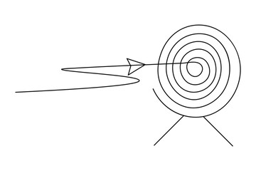 Target with arrow continuous one line drawing and business icon isolated outline flat illustration
