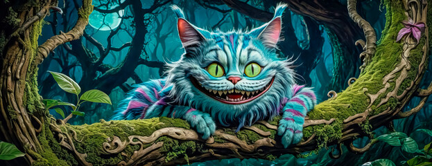 Fototapeta premium Cheshire Mysterious cat in the forest. Fantasy illustration