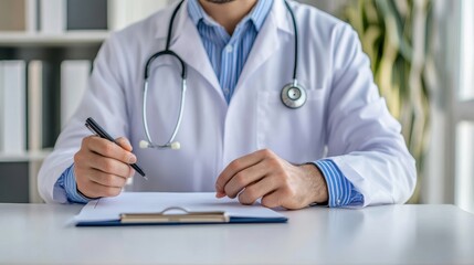 Doctor Writing Notes in Medical Office Environment