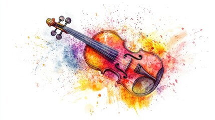 Fototapeta premium A stylized hand-drawn violin with colorful gradients and splashes, set in an abstract composition