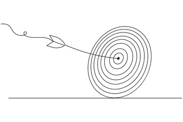 Target with arrow continuous one line drawing and business icon isolated outline flat illustration