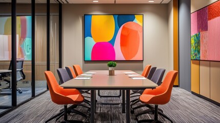 Modern Conference Room with Vibrant Artwork and Stylish Seating for Professional Meetings and Collaborations
