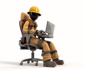 Naklejka premium Construction Worker Illustration with Laptop in Office Chair, Technology and Industry Concepts