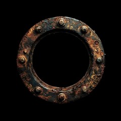Rusted metal circle frame on black background.