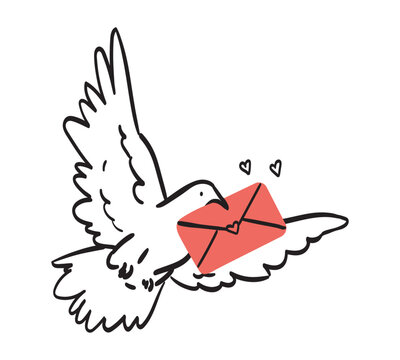 White dove with love letter flying. Vector illustration for the Valentine's Day in cute retro doodle style. Flying pigeon with message for beloved one. Drawing for banner, greeting or postcard.