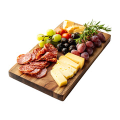 Round wooden cheese board with different types of Italian soft and hard cheeses isolated on a transparent background