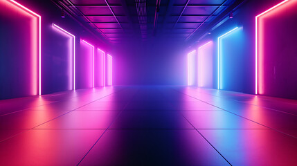 Futuristic Neon Corridor with Colorful Lights - Abstract Background for Technology and Design. Vibrant pink, blue, and purple neon glow enhance this sleek interior scene.