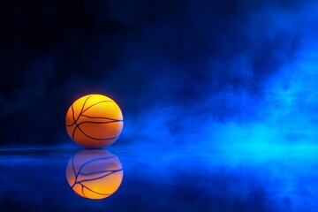 Fototapeta premium Vibrant Basketball on Reflective Surface Surrounded by Mystical Blue Smoke in Dramatic Lighting Capturing the Essence of Sport and Energy