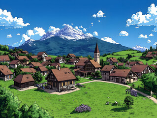 Alpine Village Illustration:  Charming Houses and Mountain View