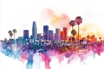 Vibrant watercolor illustration of Los Angeles skyline with palm trees at sunset