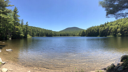 A mountain lake with a clear blue sky above