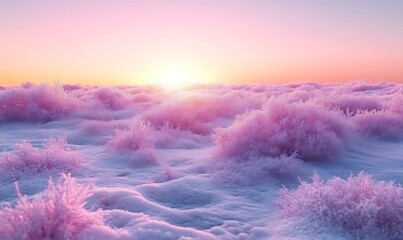 Pink sunrise over snowy landscape with frosted plants.