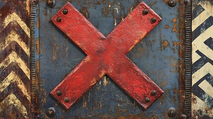 Rusty metal plate with red X symbol.