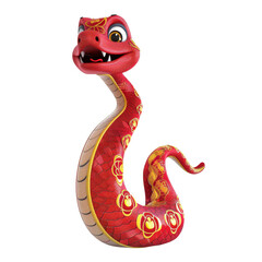 Obraz premium A friendly red snake with a gold patterned design, smiling and looking up, isolated on a black background.