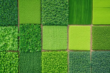 Green Fields Aerial View: Lush, vibrant green fields in a patchwork pattern, seen from a high-angle aerial perspective.  The image offers a tranquil and abundant view of nature's bounty.